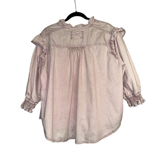 We The Free Women's 3/4 Sleeve Button Front Ruffle Louise Denim Top Size L Lilac - Picture 8 of 10